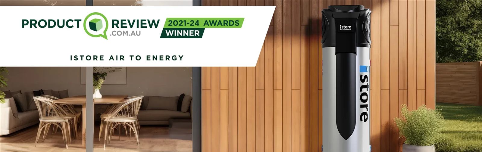 iStore Air to Energy heat pump hot water system installed outside a home